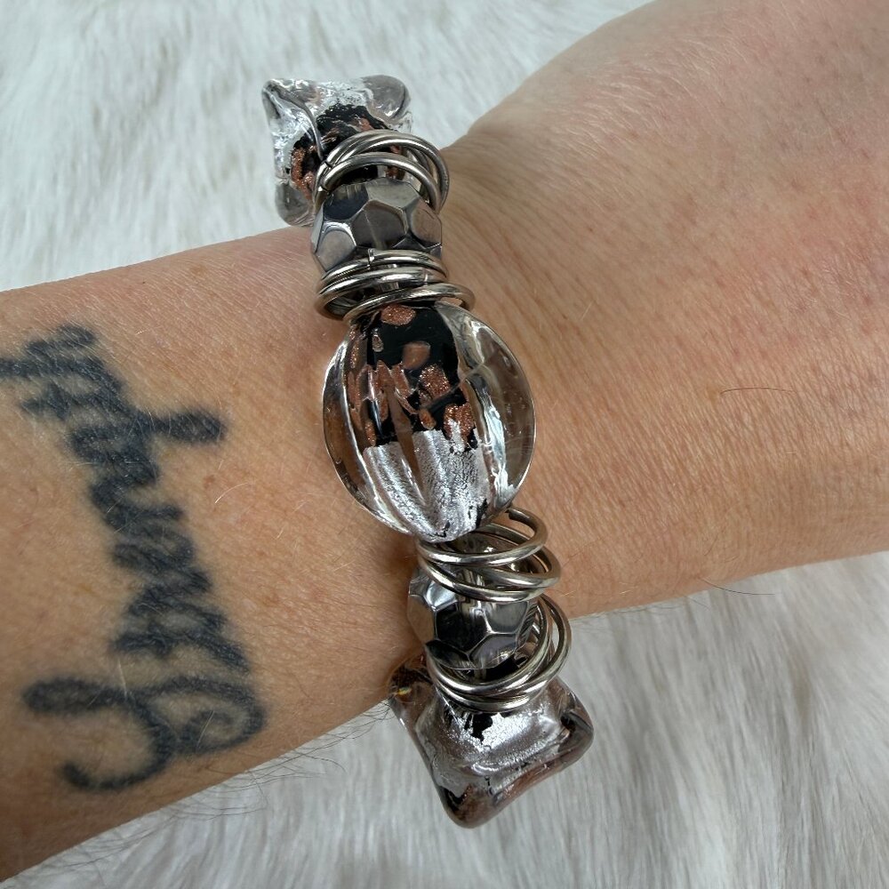 Art Glass Fused Glass Black, Bronze, Silver, Stretch Beaded Bracelet